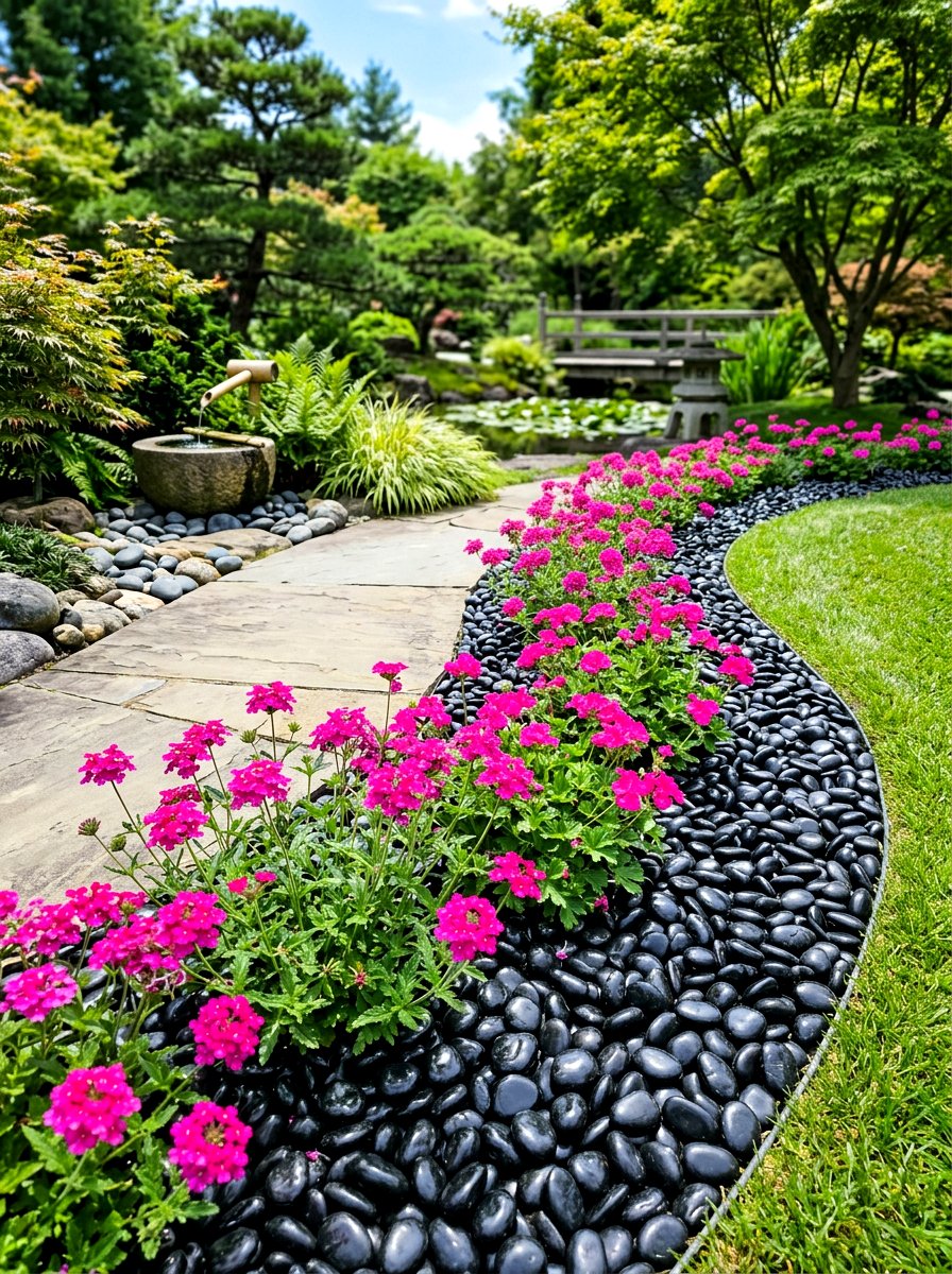Polished pebble flower border - 30 stone edging front yard ideas