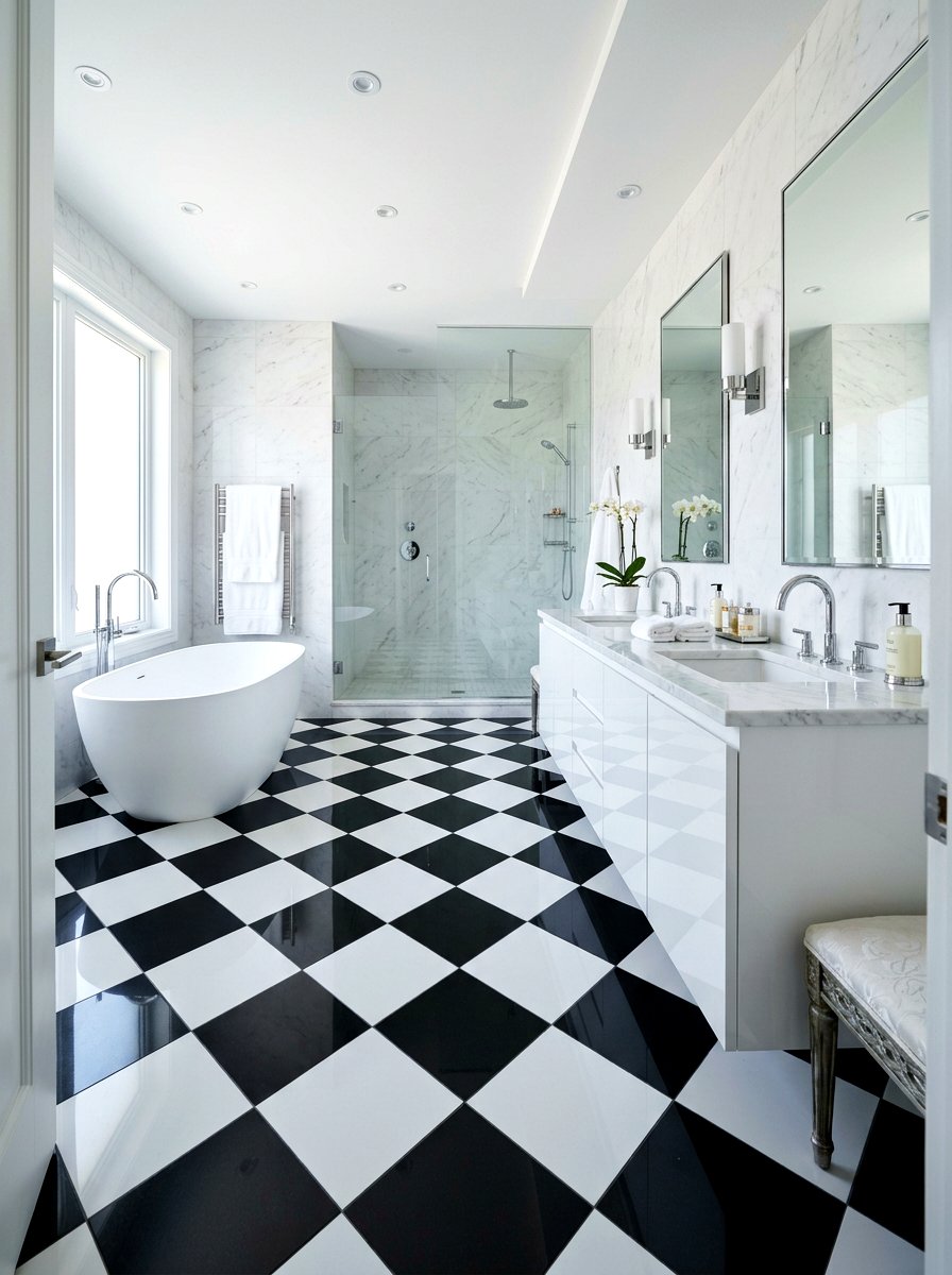 Polished porcelain shine checkered floor - 30 checkerboard bath floor ideas