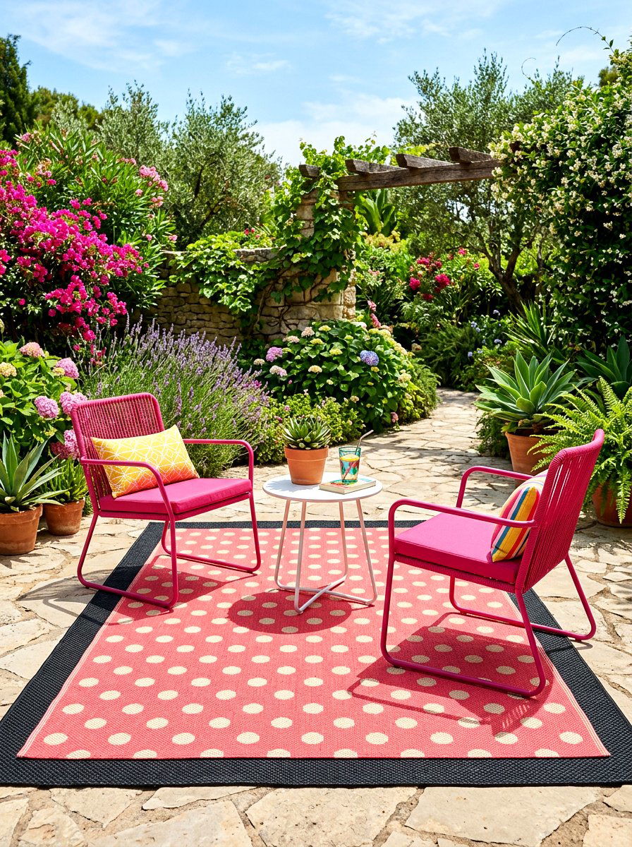 Polka Dot Rug Over Black Base - 30 layered outdoor rug ideas