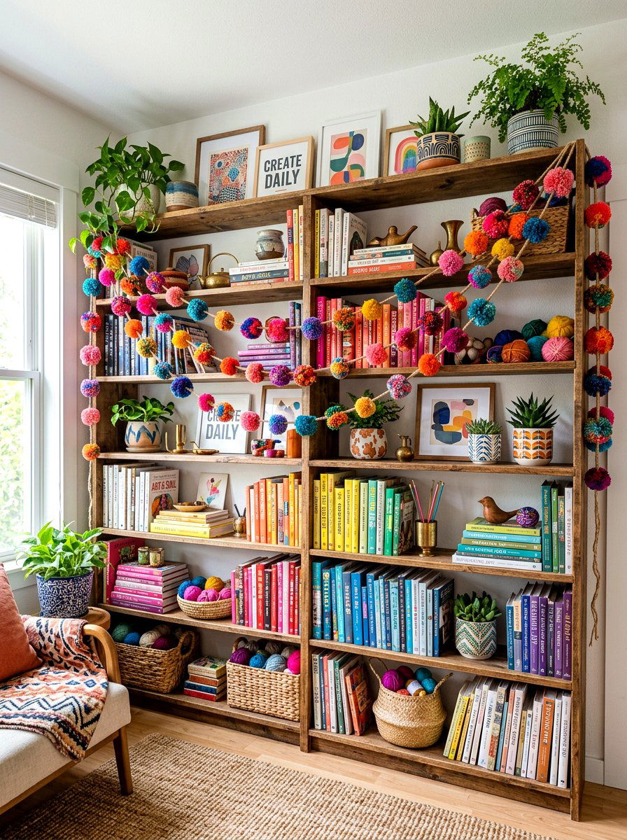 Pom Pom Bookshelf Garland - 30 bookshelf garland ideas