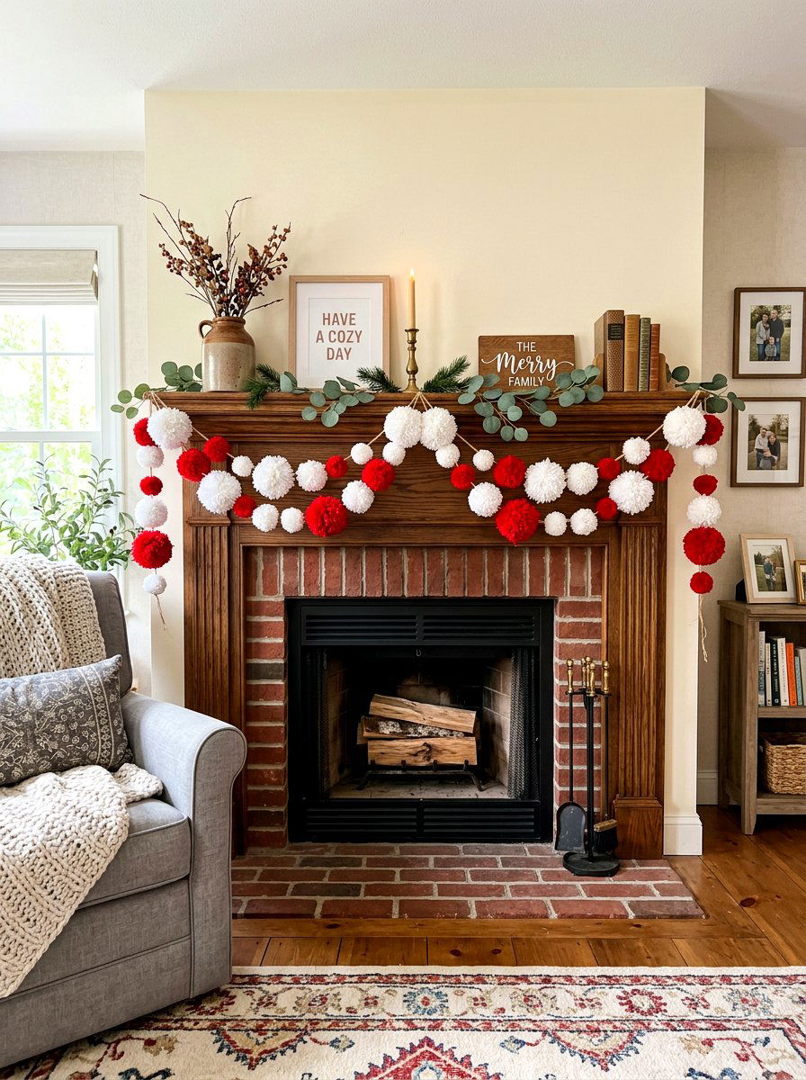 Pom Pom Mantel - 30 holiday mantel garland ideas