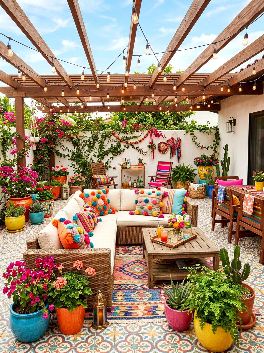 Pom pom pillow - 30 boho patio cushion ideas