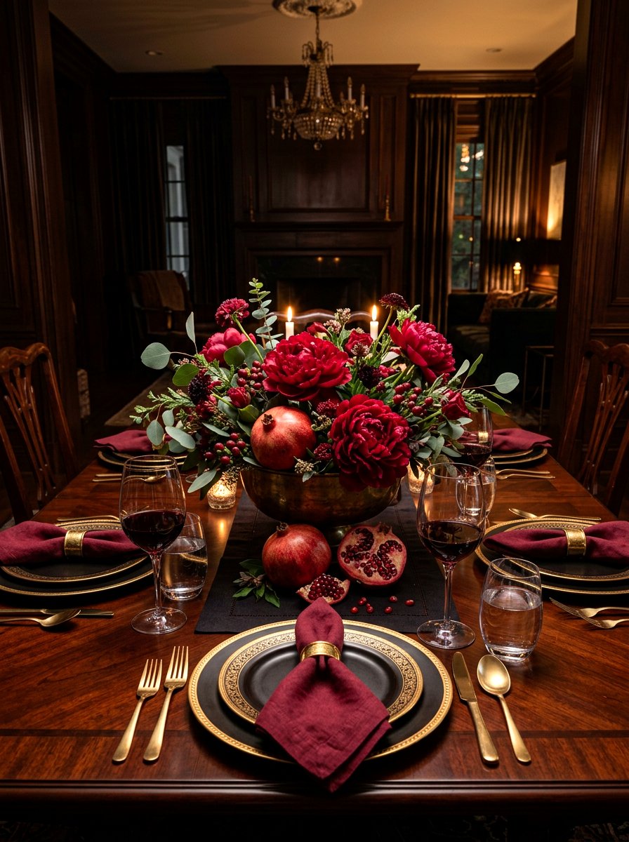 Pomegranate and red peony centerpiece - 30 fruit and floral tablescape ideas