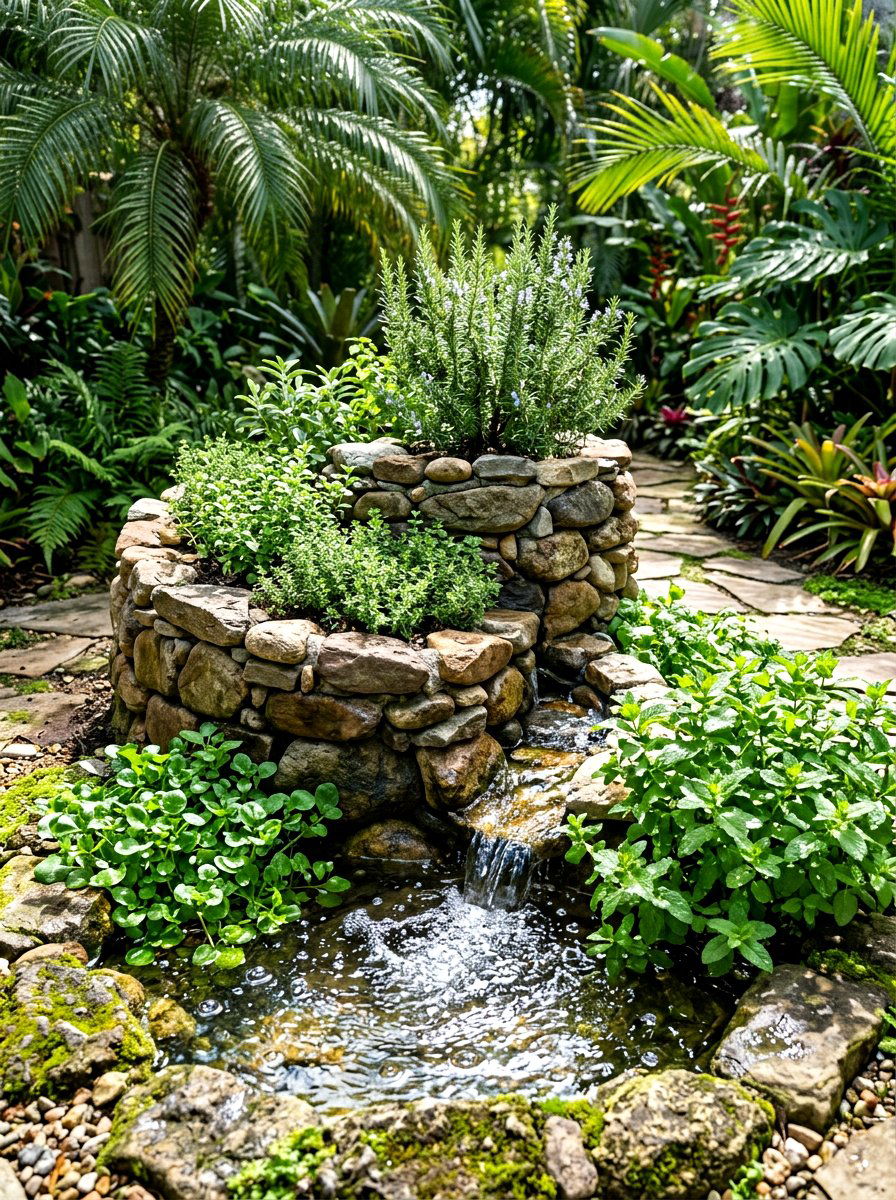 Pond Base Herb Spiral - 30 backyard herb spiral ideas