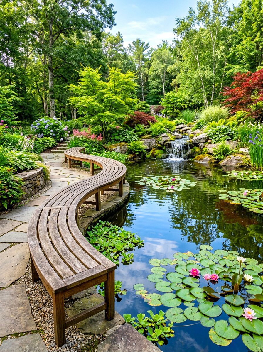 Pond Side Garden With Curved Bench - 30 curved bench garden ideas