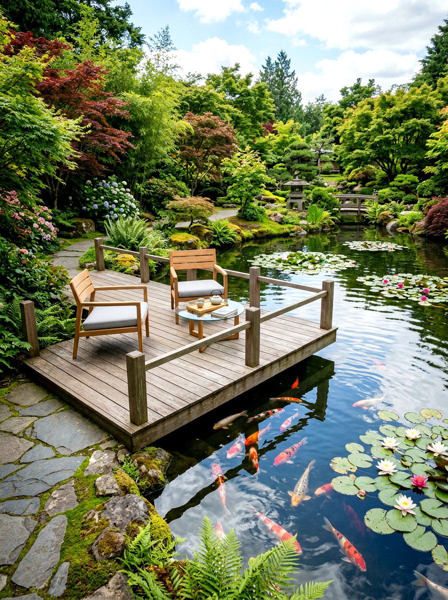 Pond Side Tea Deck - 30 tea garden corner ideas