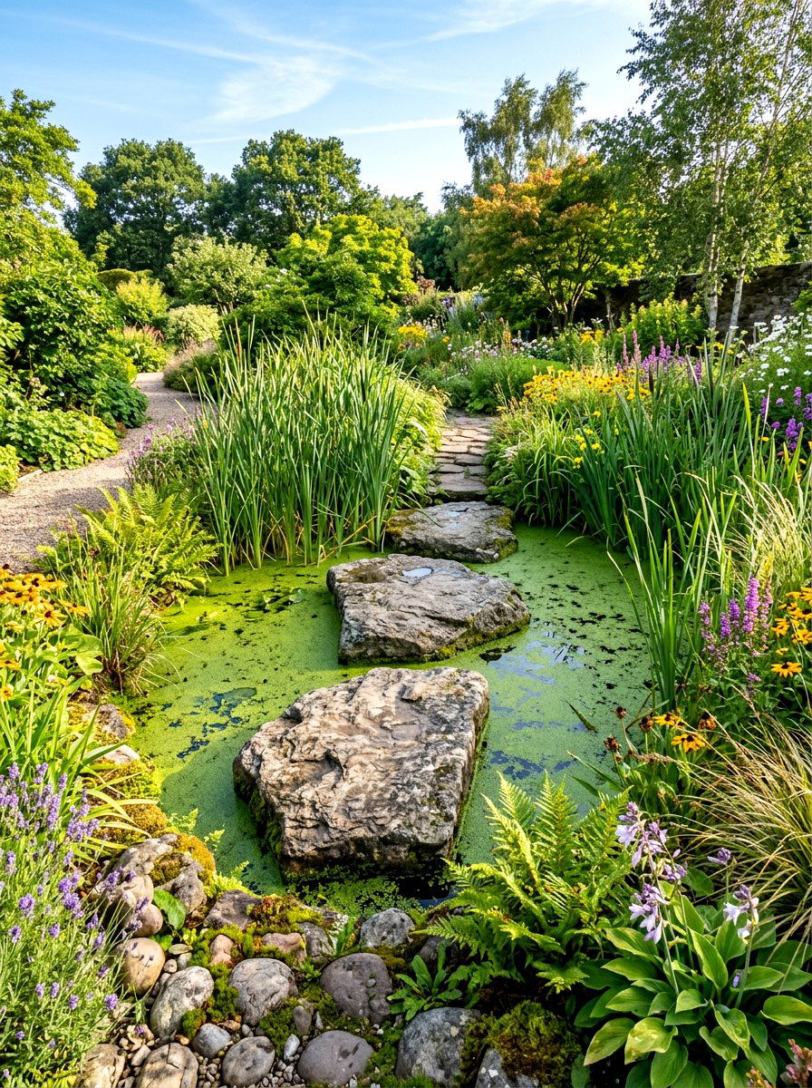 Pond with stepping stones - 30 small pond ideas