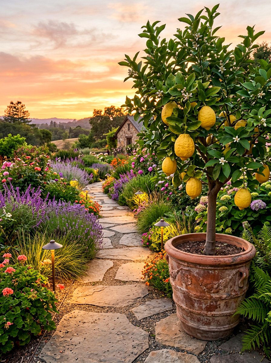Ponderosa Lemon Tree Stone Walkway - 30 citrus patio tree ideas