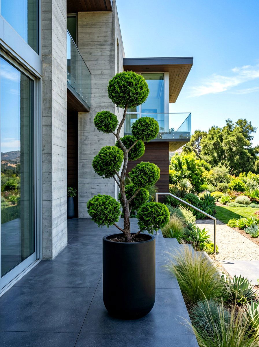 Poodle Cut Evergreen - 30 topiary porch ideas
