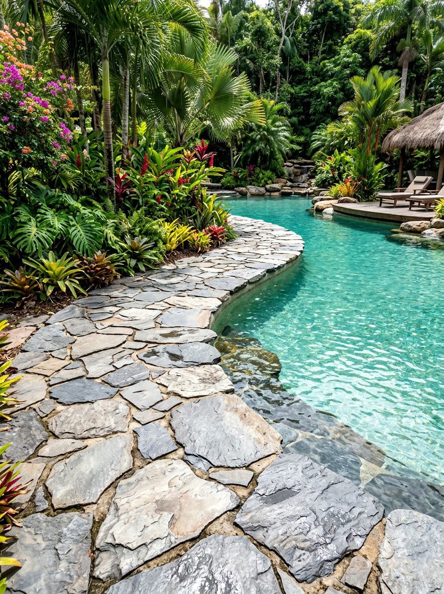 Pool Edge Stone Bed - 30 built in sunbed patio ideas