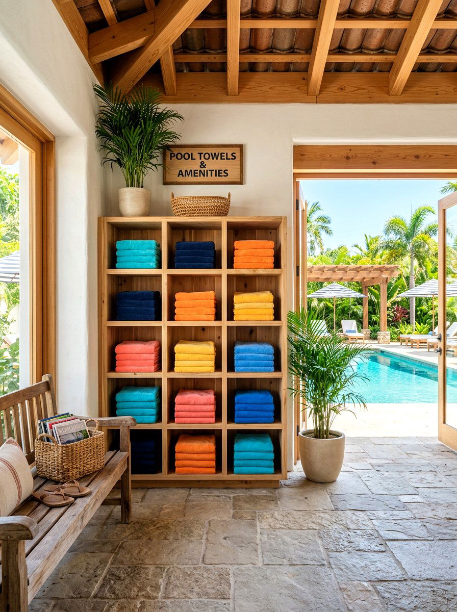 Pool House Cubby - 30 outdoor towel storage ideas