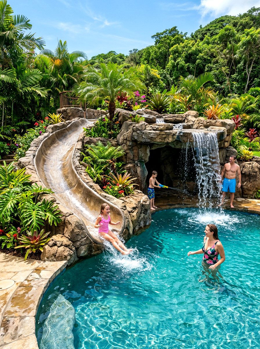 Pool Slide Grotto - 30 family pool ideas
