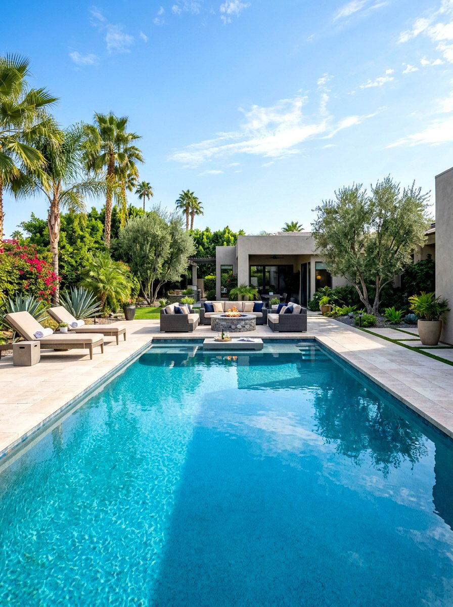 Pool With Fire Pit - 30 rectangular pool ideas