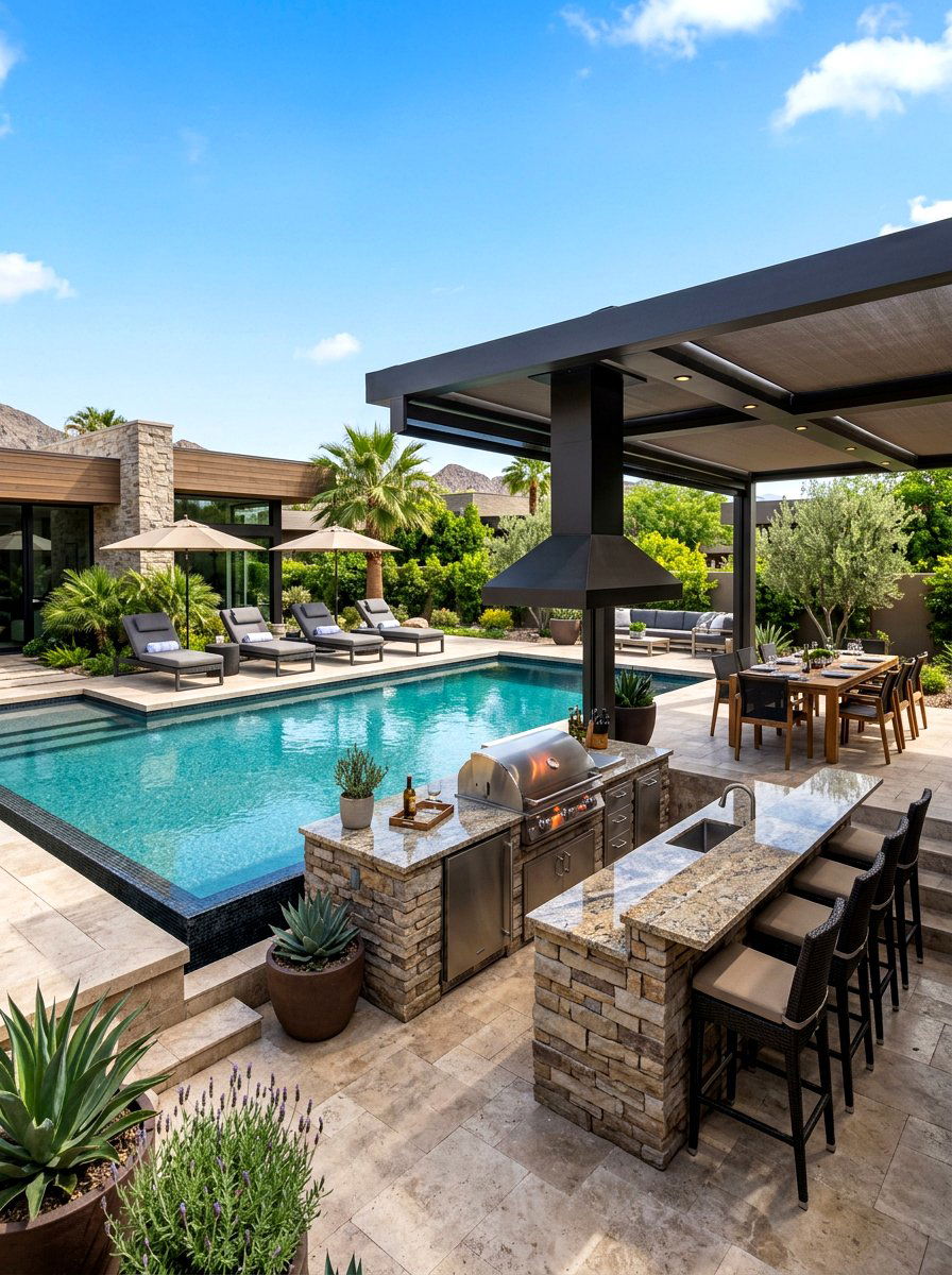 Pool With Outdoor Kitchen - 30 rectangular pool ideas