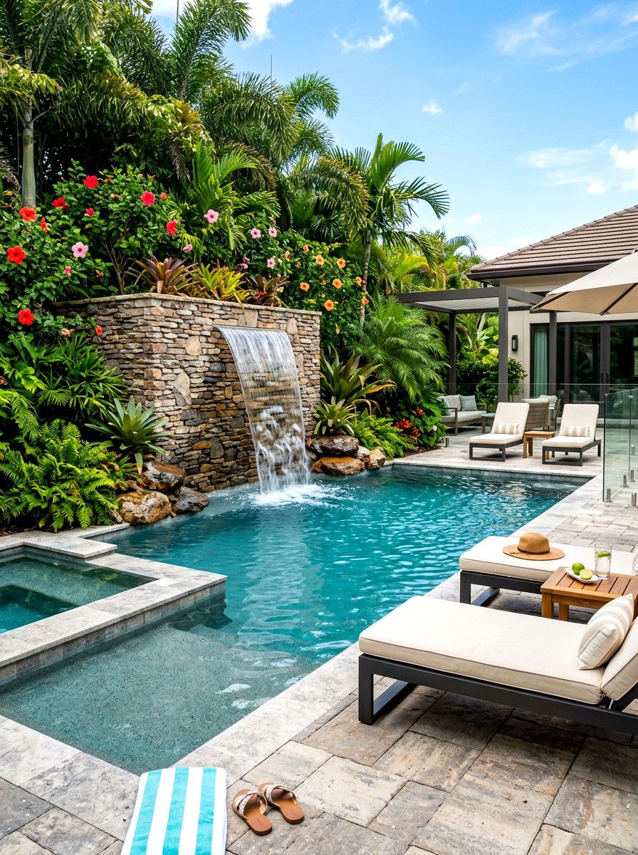 Pool With Waterfall Feature - 30 rectangular pool ideas