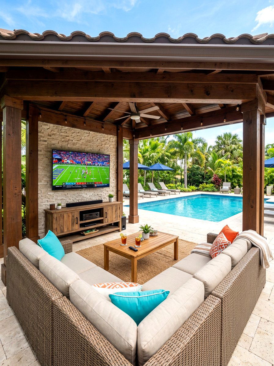 Pool cabana with TV - 30 pool cabana decor ideas