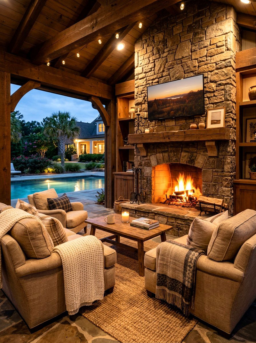 Pool cabana with fireplace - 30 pool cabana decor ideas