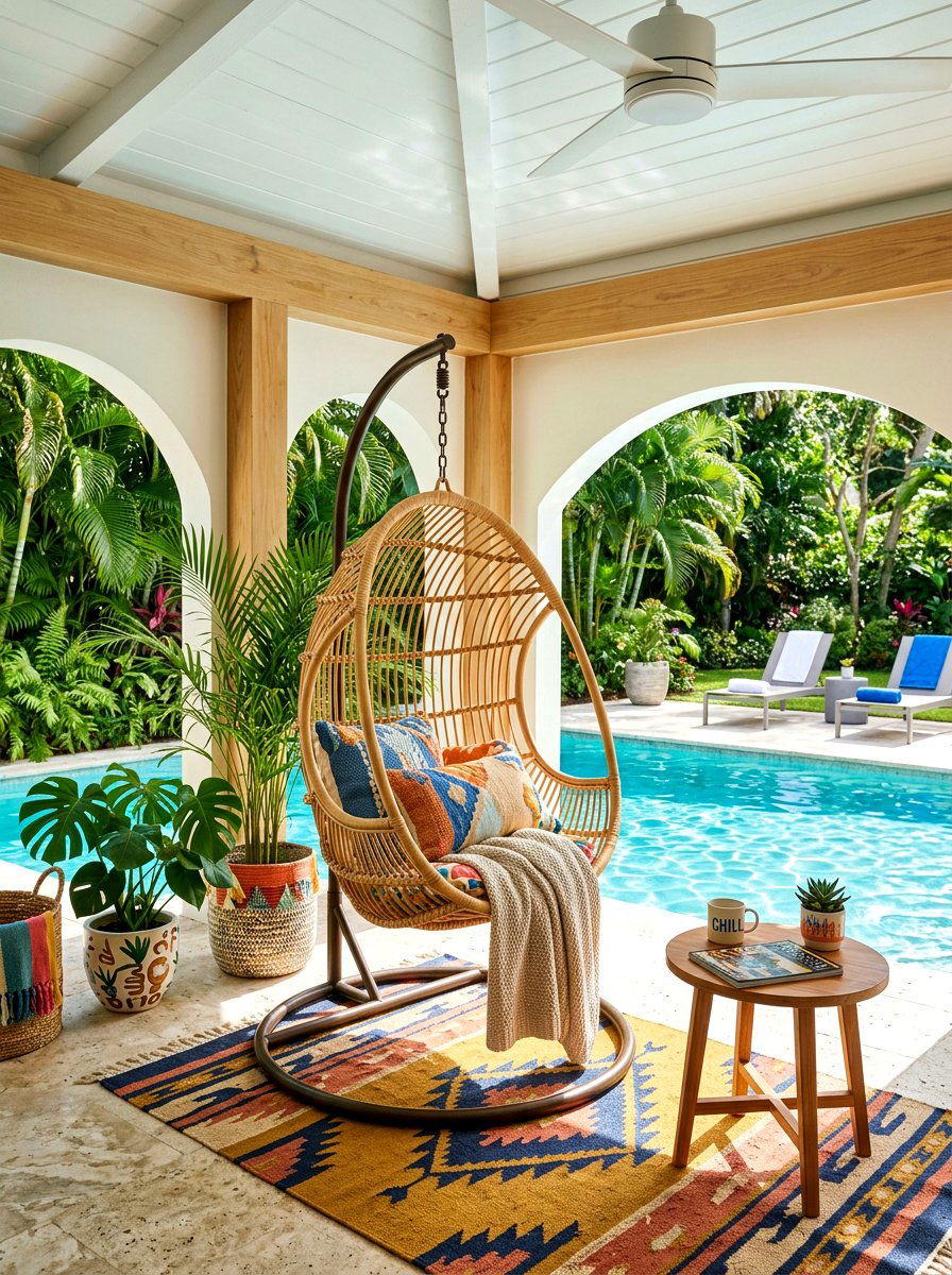 Pool cabana with hanging chair - 30 pool cabana decor ideas