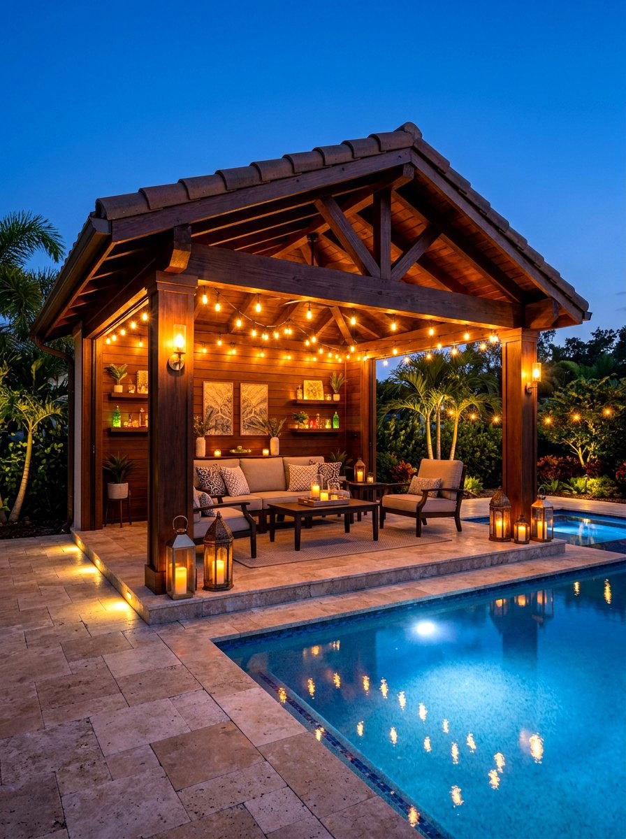 Pool cabana with lighting - 30 pool cabana decor ideas