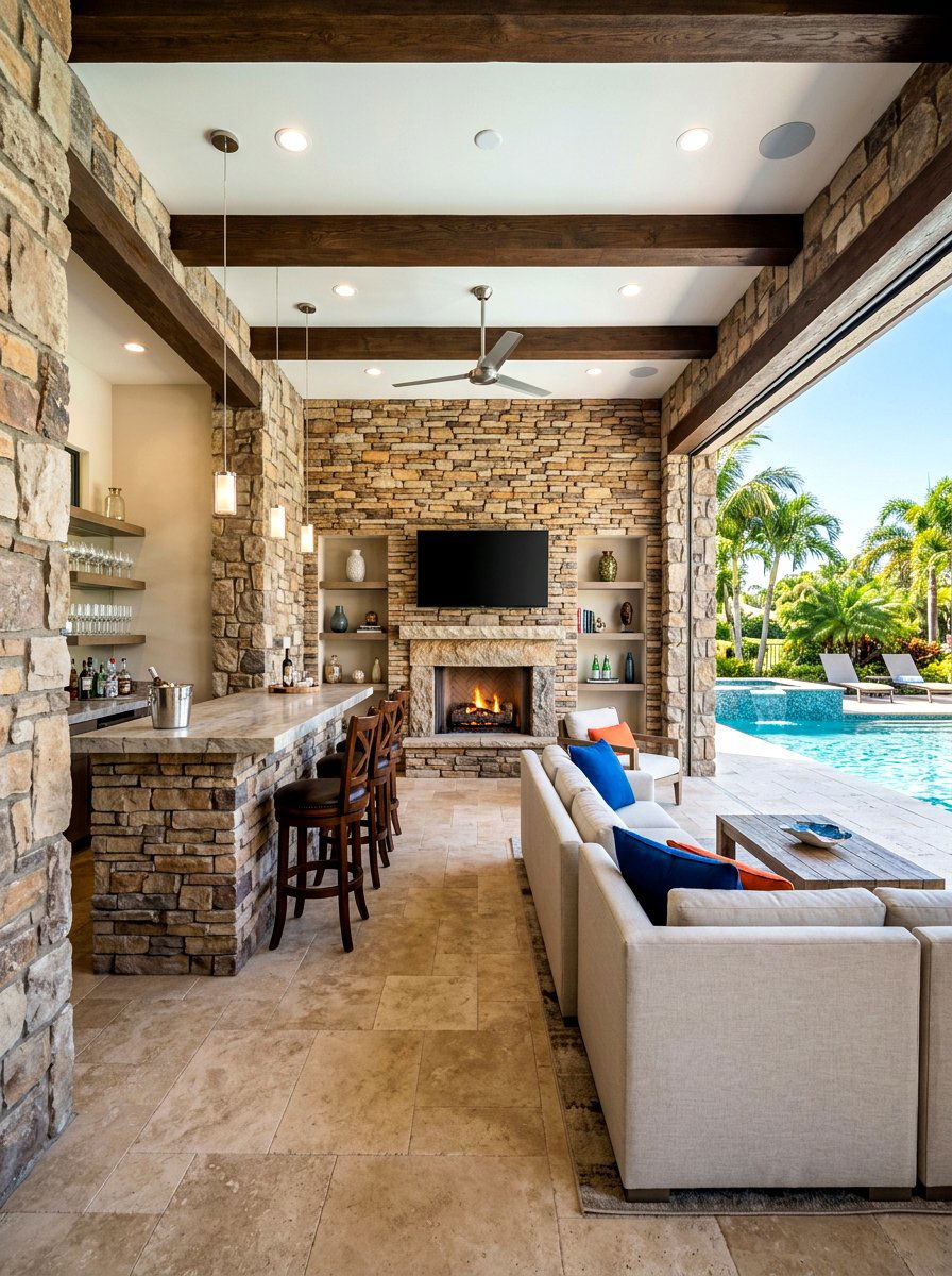 Pool cabana with stone - 30 pool cabana decor ideas
