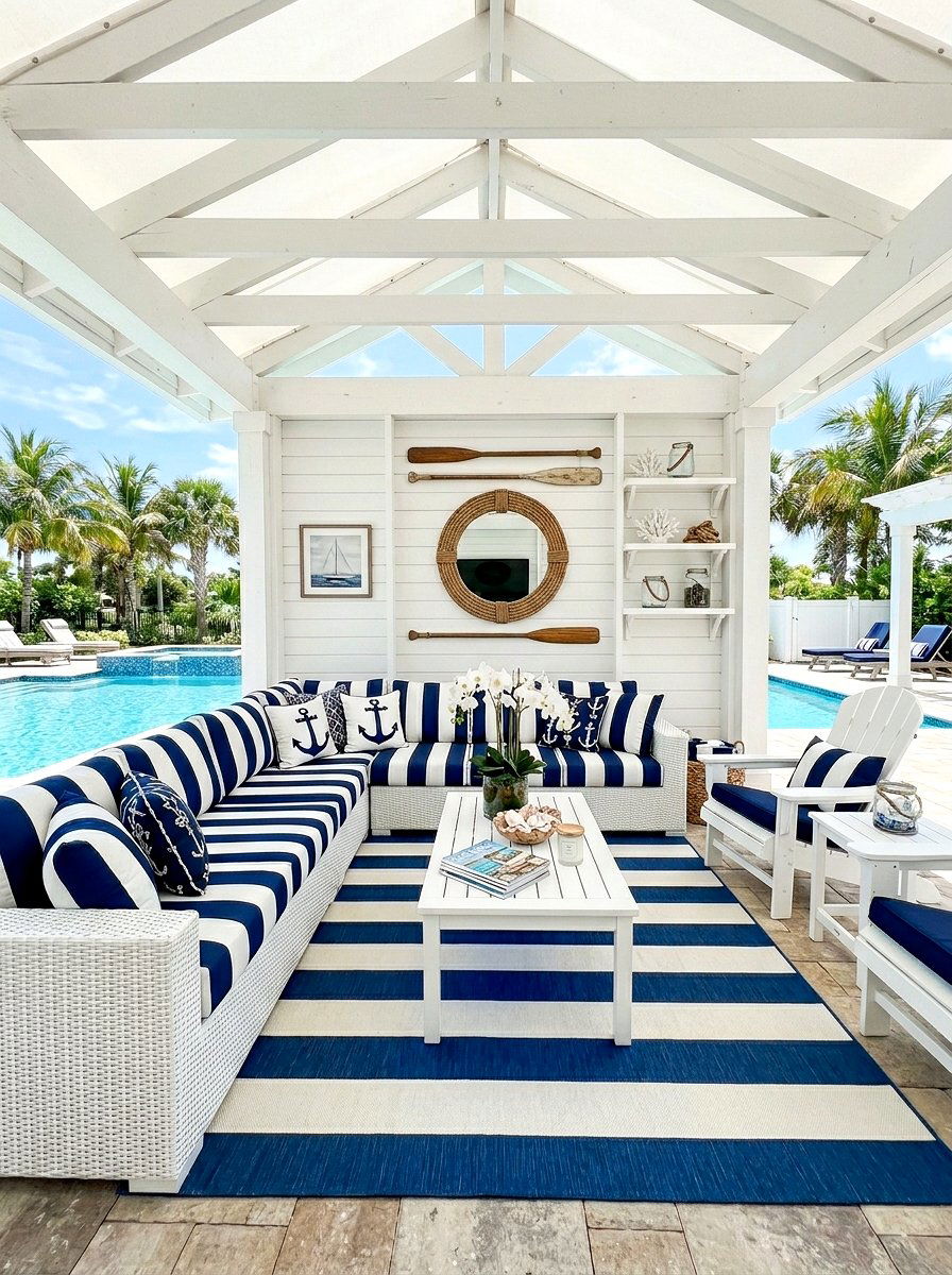 Pool cabana with striped decor - 30 pool cabana decor ideas