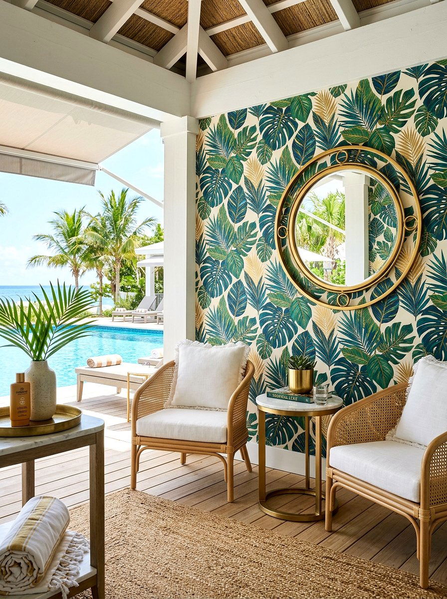 Pool cabana with wallpaper - 30 pool cabana decor ideas