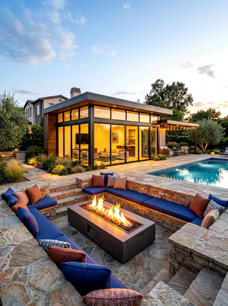 Pool house with fire pit - 30 modern pool house ideas