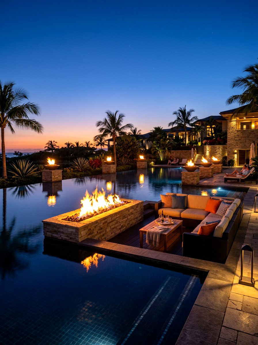 Pool with fire pit - 30 backyard oasis pool ideas