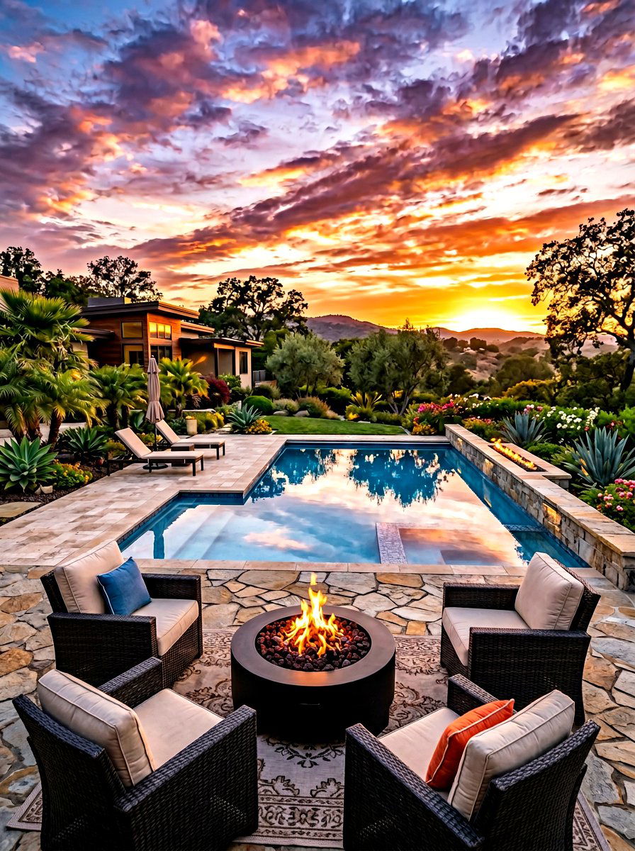Pool with integrated fire pit - 30 above ground pool ideas