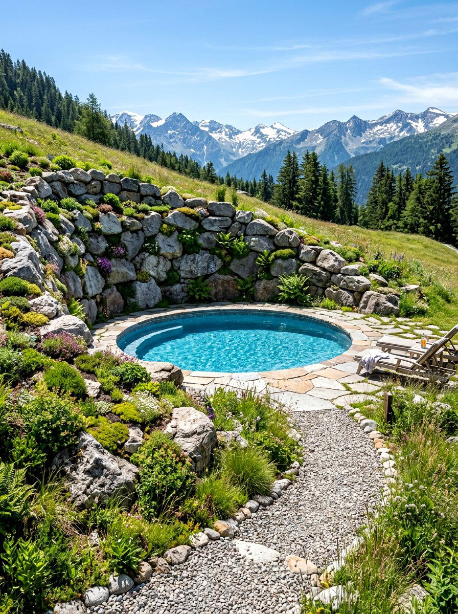 Pool with stone retaining wall - 30 above ground pool ideas