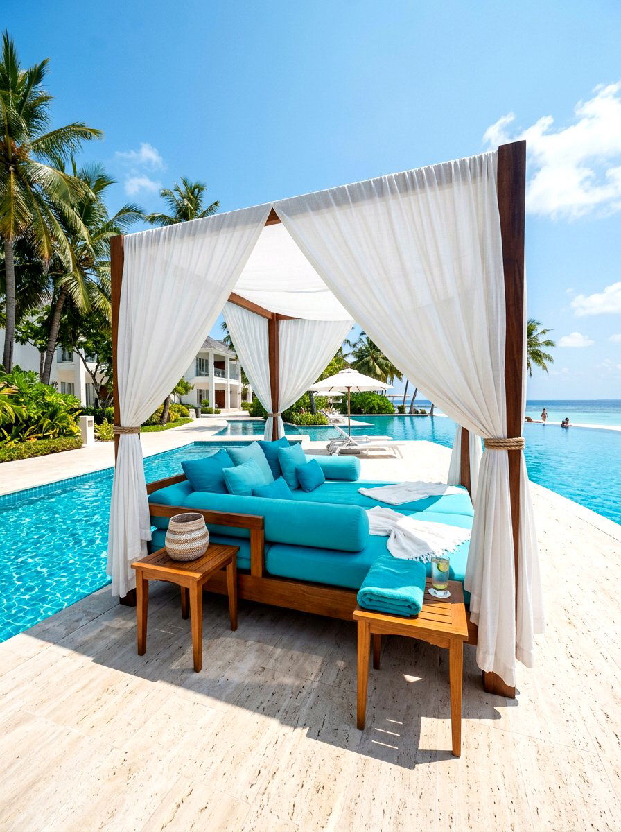 Poolside Canopy Bed - 30 cabana bed patio ideas