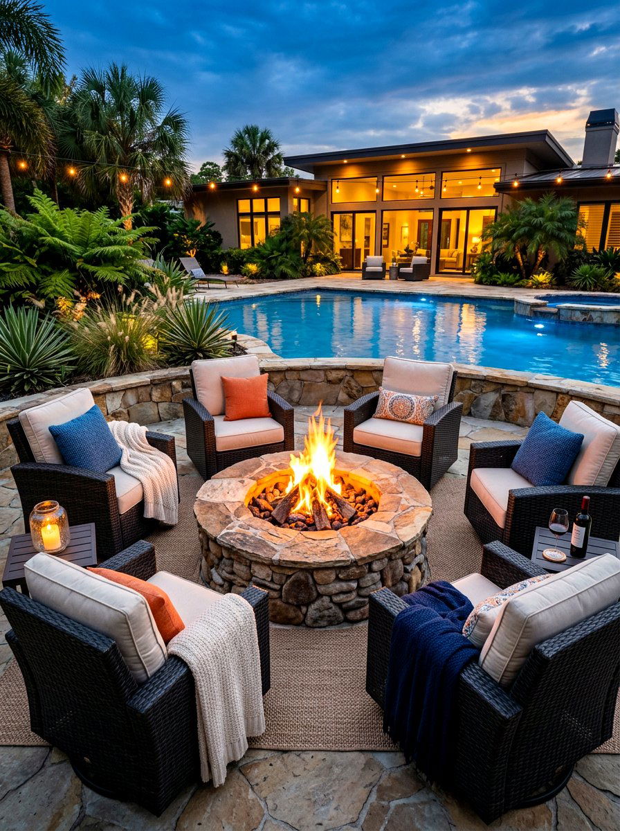Poolside Fire Pit - 30 poolside lounge ideas