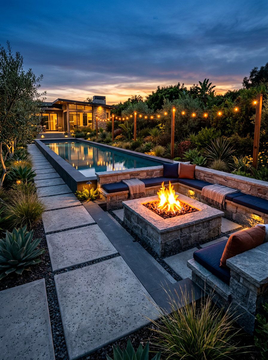 Poolside Fire Pit - 30 lap pool backyard decor ideas