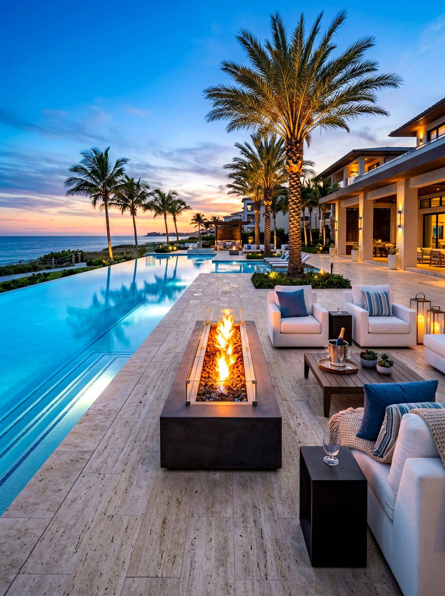 Poolside Fire Pit Lounge - 30 backyard retreat fire pit ideas