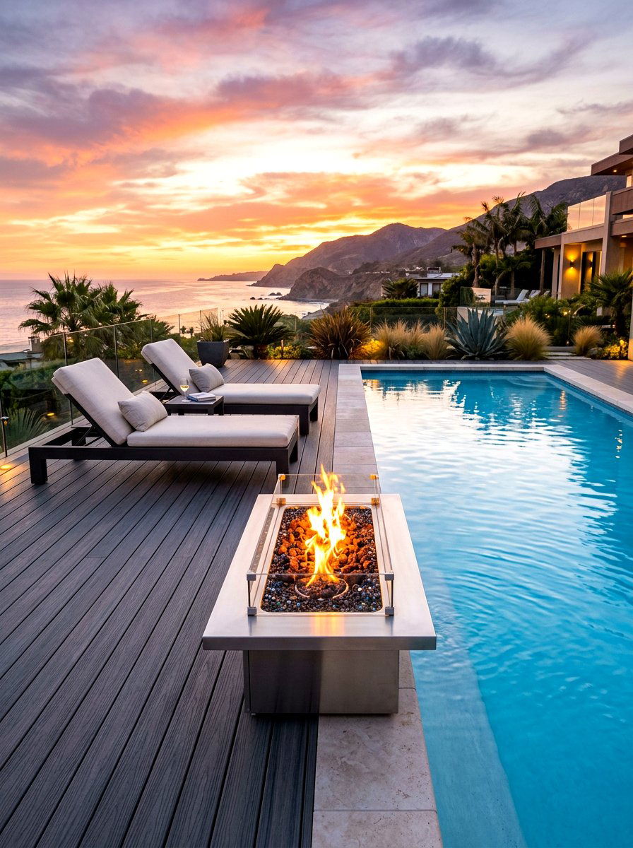 Poolside Fire Table Deck - 30 fire table patio ideas