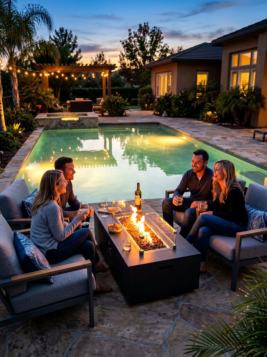 Poolside Fire Table Gathering - 30 pool lounge patio ideas
