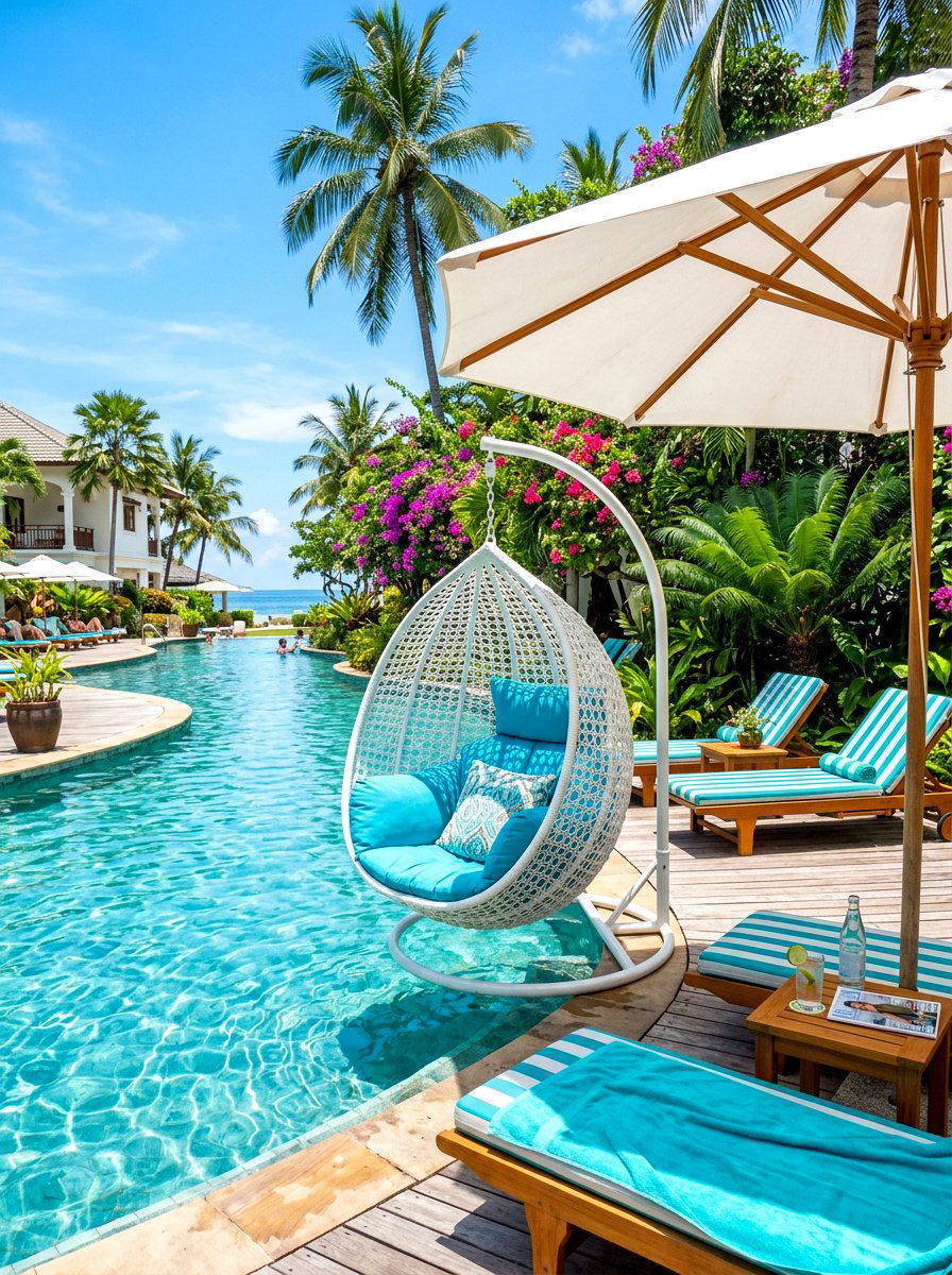 Poolside Floating Swing Area - 30 hanging chair patio ideas