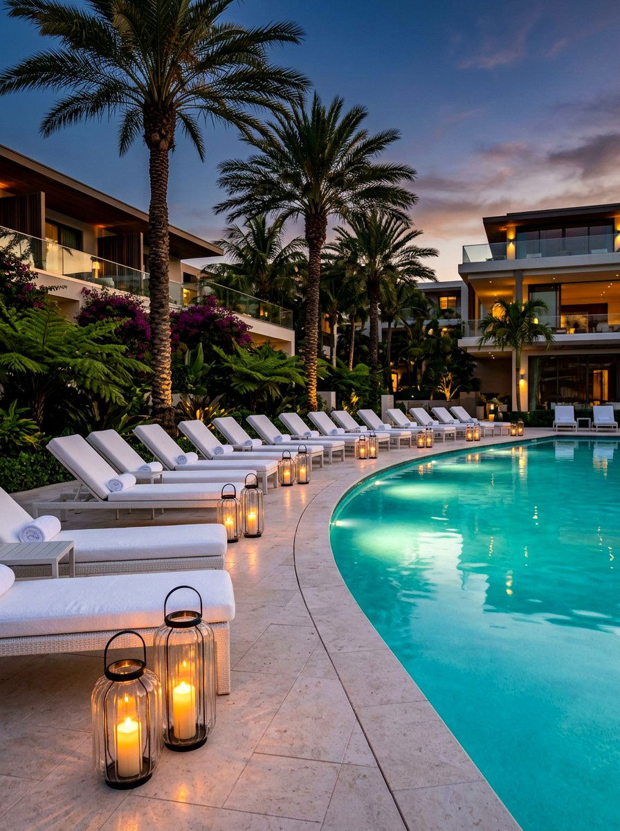 Poolside Glass Lantern Layout - 30 candle lantern patio ideas