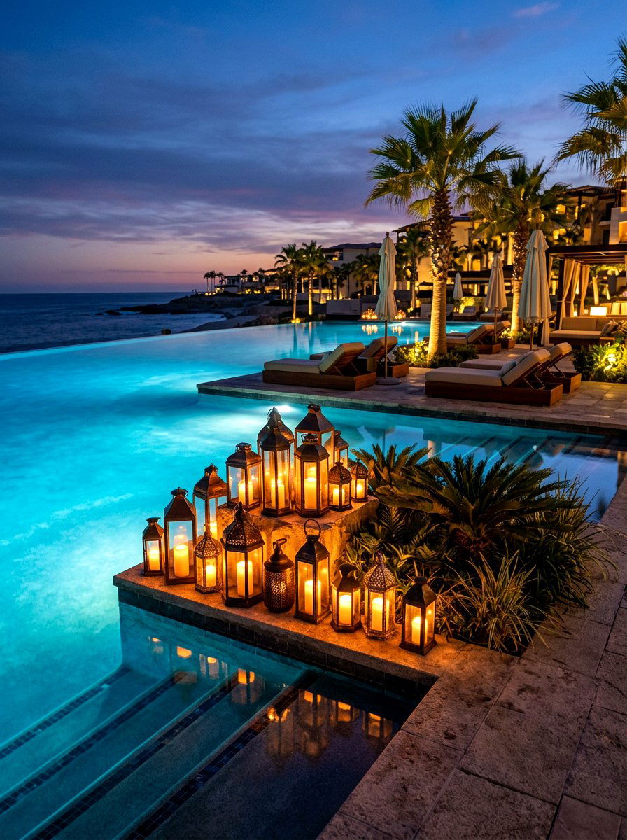 Poolside Lantern Cluster - 30 lantern cluster patio ideas