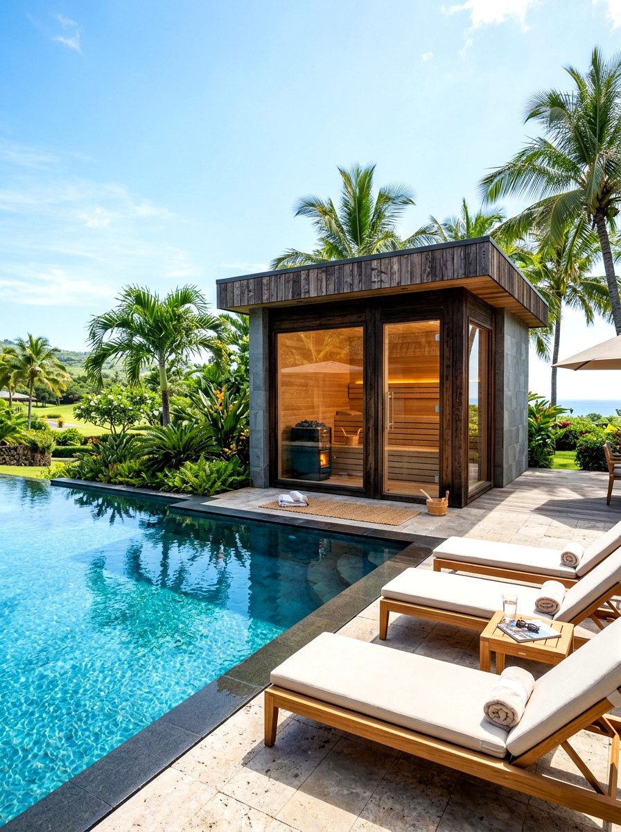 Poolside Luxury Sauna - 30 sauna shed ideas