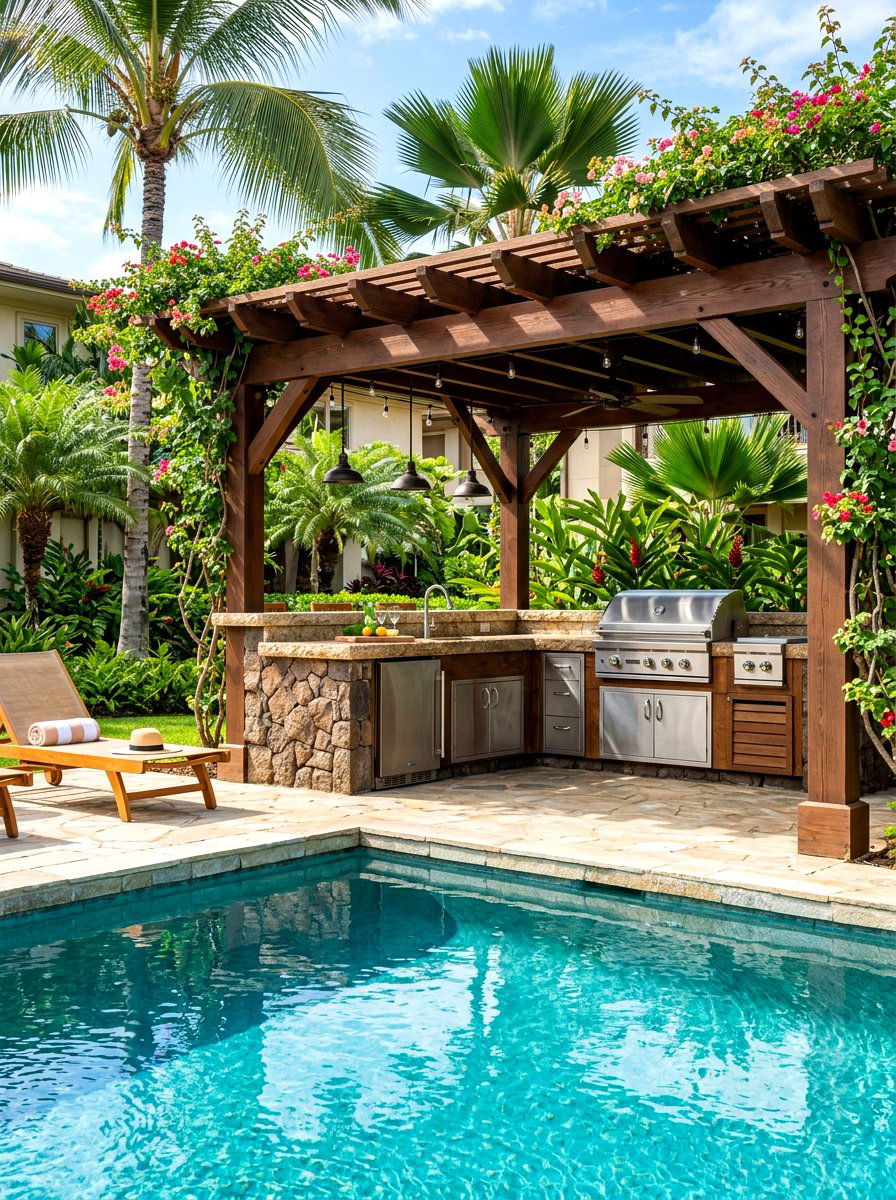 Poolside Outdoor Kitchen Pergola - 30 backyard dining pergola ideas