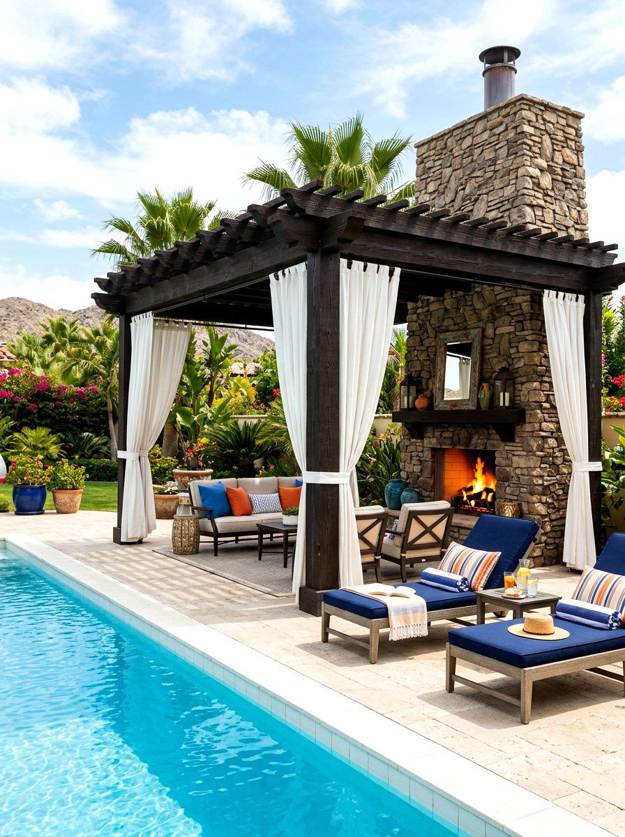 Poolside Pergola Fireplace Wall - 30 pergola with fireplace ideas
