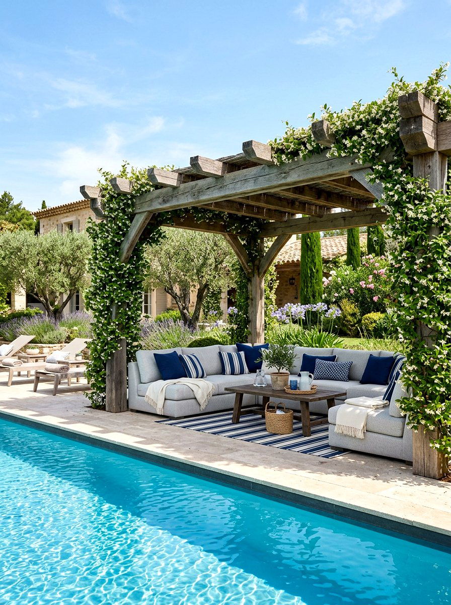 Poolside Pergola Seating - 30 pool lounge patio ideas