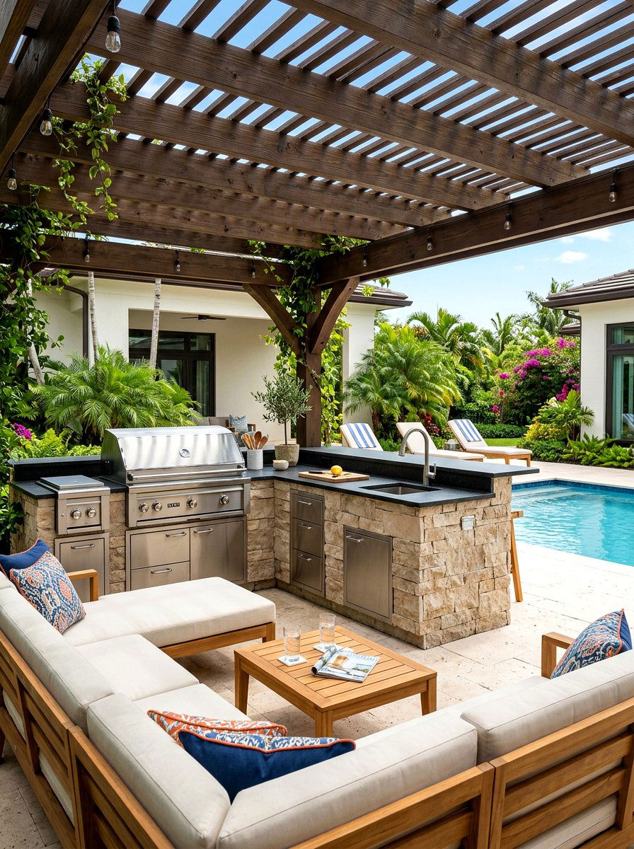 Poolside Pergola With Outdoor Kitchen - 30 poolside pergola lounge ideas