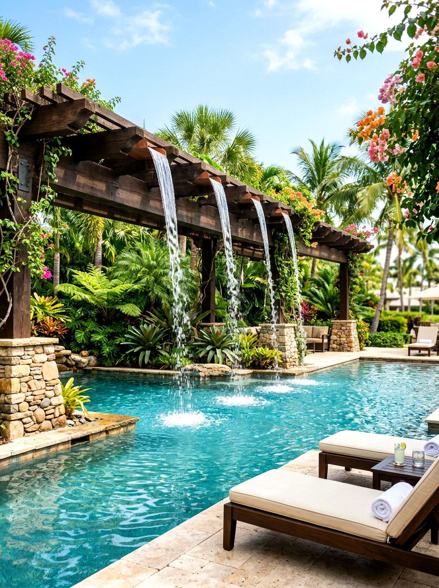 Poolside Pergola With Waterfall Feature - 30 poolside pergola lounge ideas