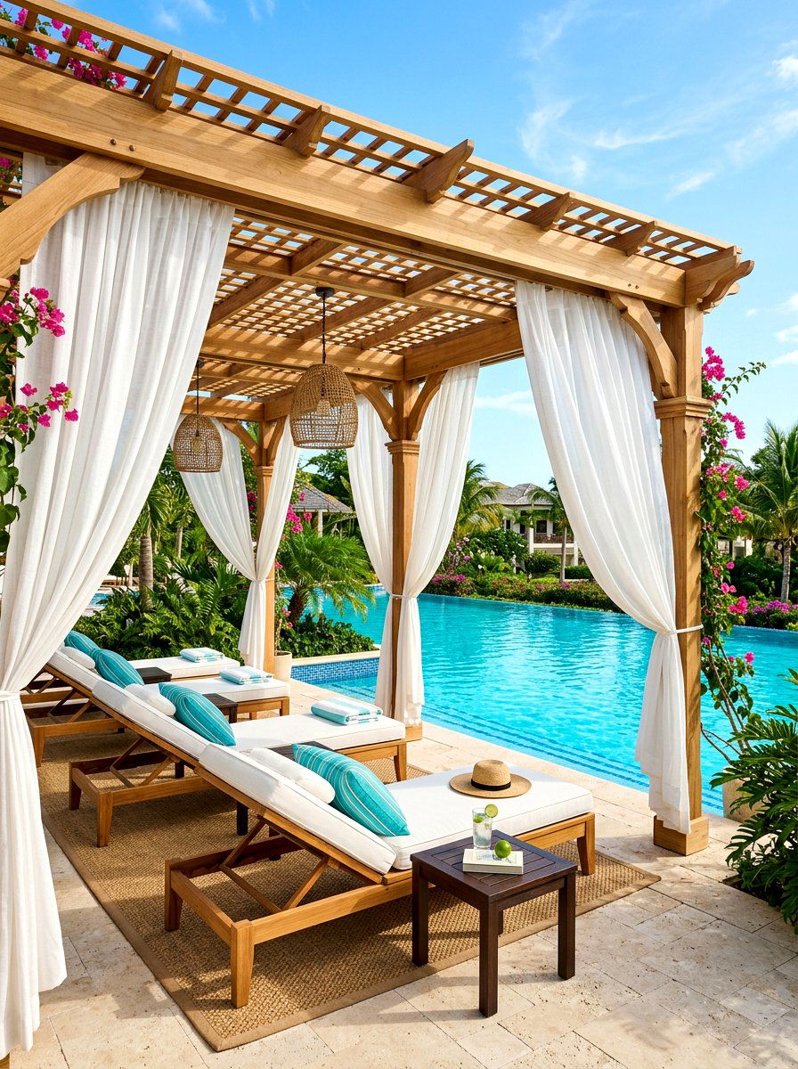 Poolside Pergola With White Curtains - 30 freestanding pergola ideas