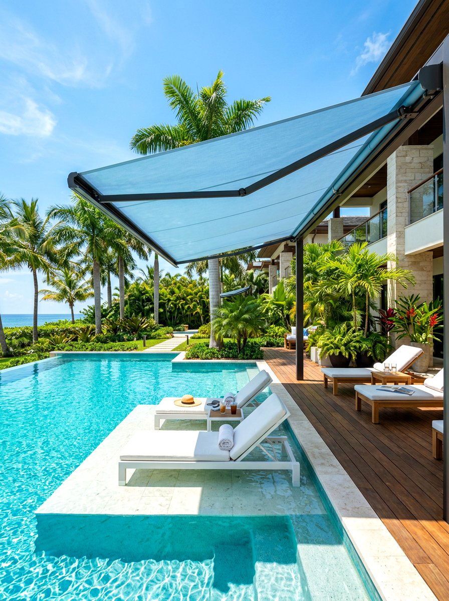 Poolside Retractable Shade - 30 retractable awning ideas