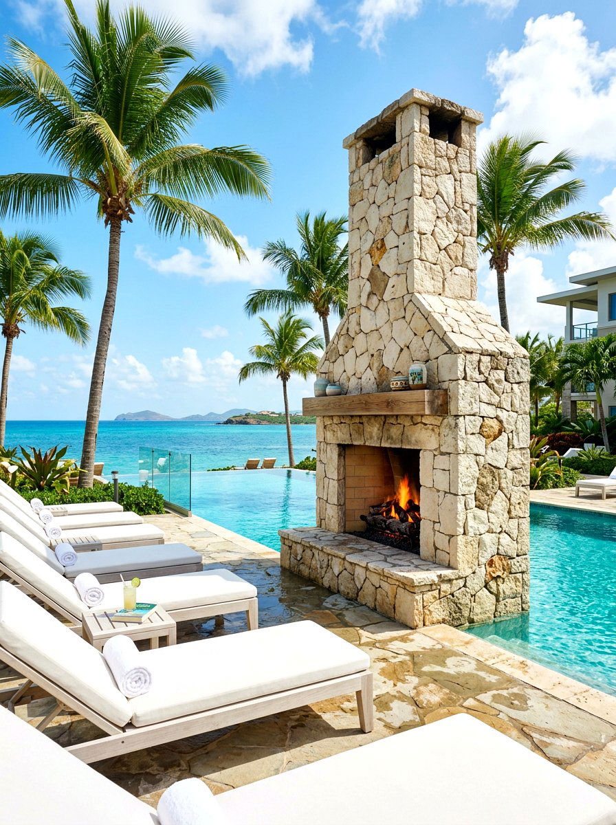 Poolside Stone Fireplace - 30 stone outdoor fireplace ideas