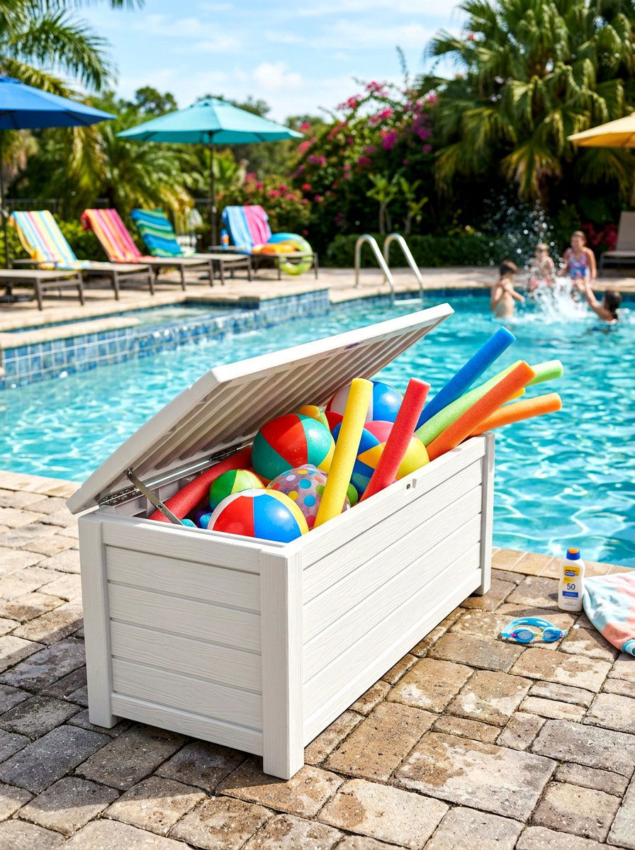 Poolside Storage Bench - 30 outdoor storage bench ideas