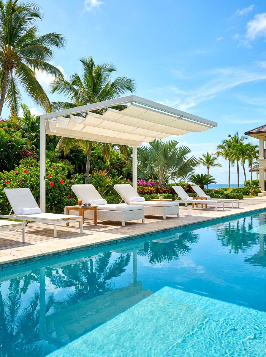 Poolside Sun Shade - 30 retractable canopy patio ideas